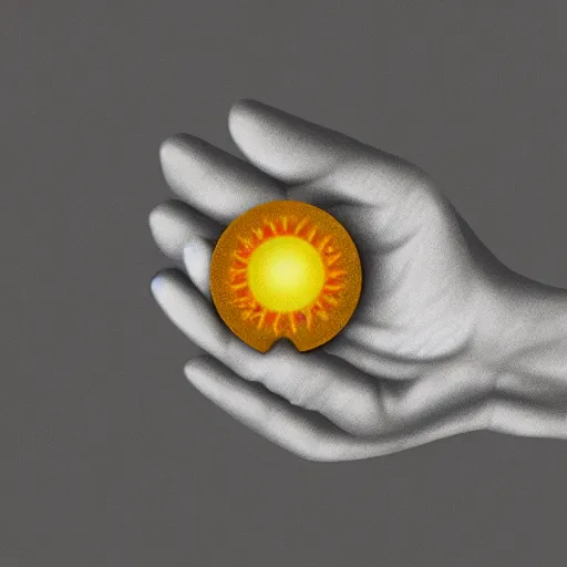 Image similar to a hand with the miniature of a realistic and perfect sun , perfect design, highly detailed, realistic portrait