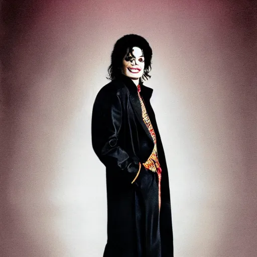 Image similar to a portrait of michael jackson wearing a long black coat & wearing a backpack