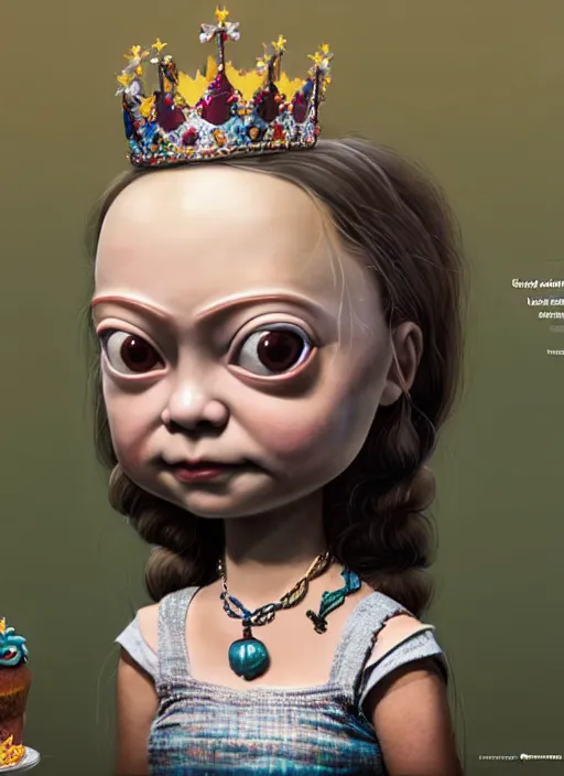 Prompt: highly detailed closeup, face profile portrait of greta thunberg as a tin toy fairytale goth princess wearing a crown eating cakes, bikini, unreal engine, nicoletta ceccoli, mark ryden, earl norem, lostfish, global illumination, detailed and intricate environment