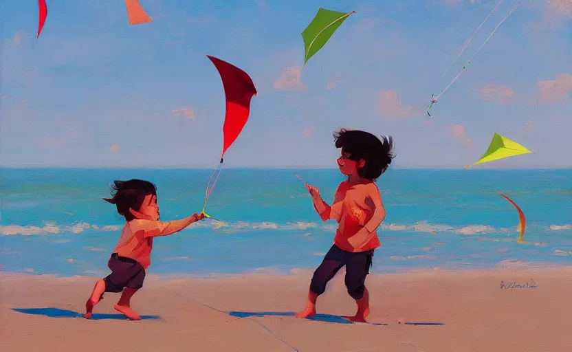 Prompt: child flying a kite at the beach by atey ghailan and garmash, michael