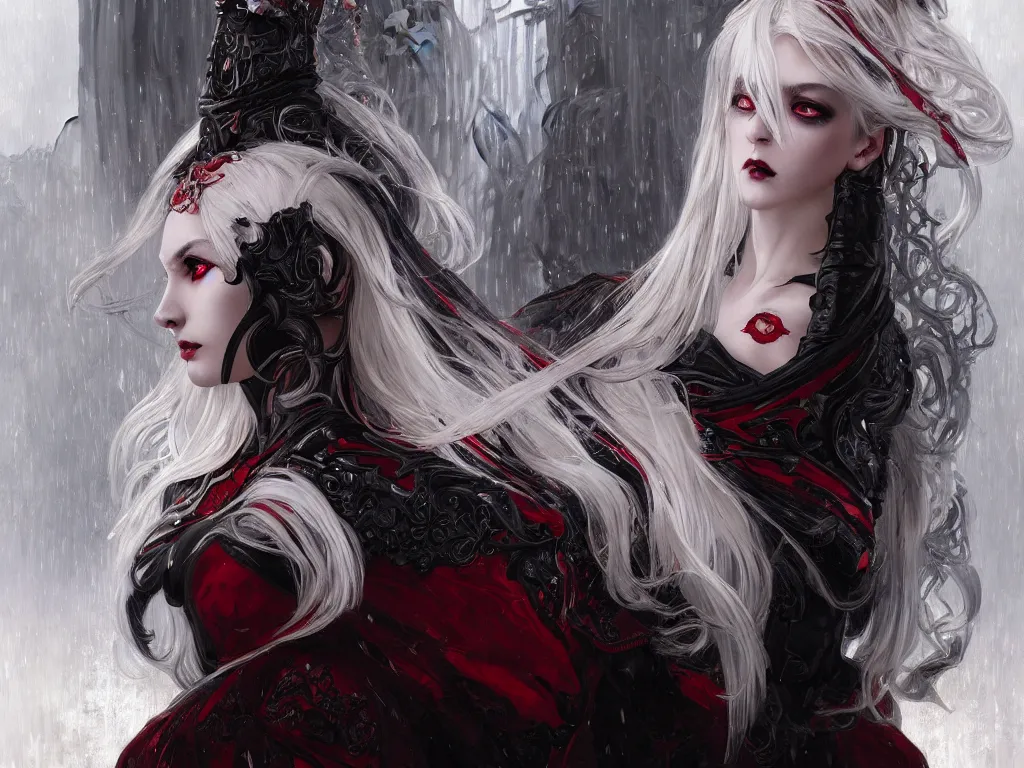 Image similar to portrait white hair sinister knights of zodiac girl + smoky eyes, black fire red color reflected armor, in ruined gothic cathedral rainy night, ssci - fi and fantasy, intricate and very very beautiful and elegant, highly detailed, digital painting, artstation, concept art, smooth and sharp focus, illustration, art by tian zi and wlop and alphonse mucha