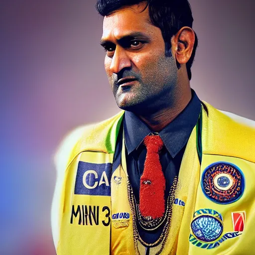Image similar to portrait of mahendra singh dhoni as a pimp, ultra realistic, highly detailed, canon 3 5 mm photography