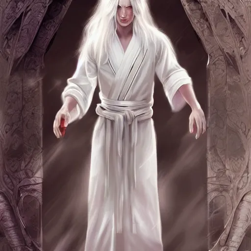 Prompt: teen boy, long white hair, white daoist robes, digital painting, highly detailed, full body, d&d, by artgerm