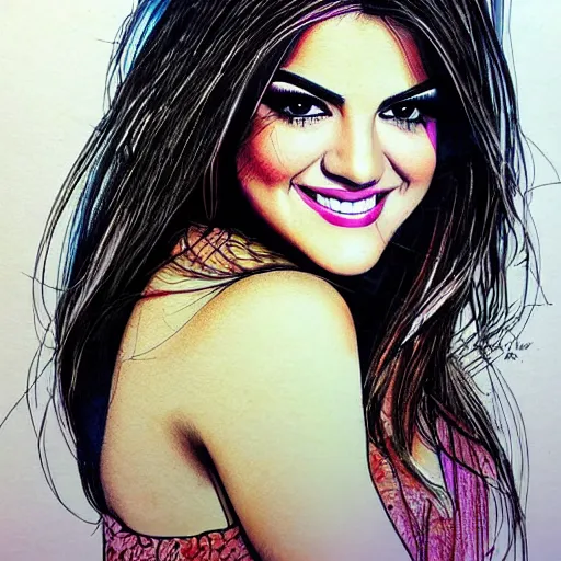 Image similar to joyful look in her eyes Maite Perroni in 2005 close-up portrait looking straight on, complex artistic color ink pen sketch illustration, full detail, gentle shadowing, fully immersive reflections and particle effects, chromatic aberration.