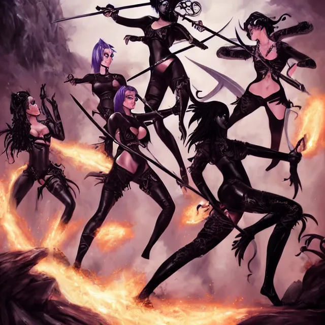 Image similar to group of beautiful goth girls fighting slavemaster with sword cosplay with black hair in bikini armor, light makeup, few tattoos, clothes fully on, art by stanley lau and artgem and wlop and magali villeneuve and karol bak and gennady ulybin