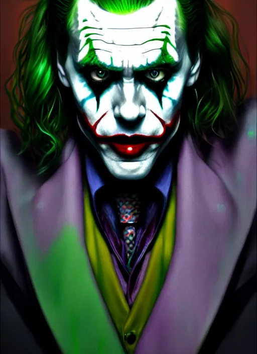 Image similar to portrait of jared leto as the joker, green hair, intricate, elegant, glowing lights, highly detailed, digital painting, artstation, concept art, sharp focus, illustration, art by wlop, mars ravelo and greg rutkowski