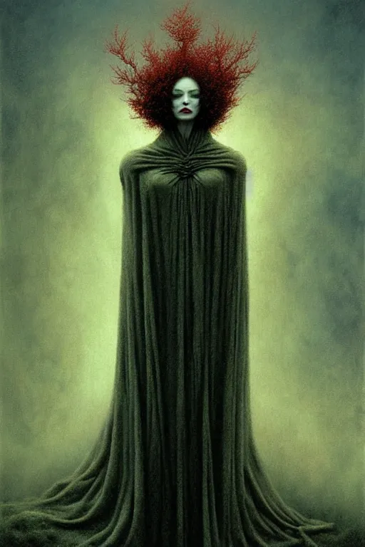 Image similar to full body portrait of christina hendricks, by zdzislaw beksinski, by dariusz zawadzki, by wayne barlowe, gothic, surrealism, cosmic horror, lovecraftian, cold hue's, warm tone gradient background, concept art, beautiful composition