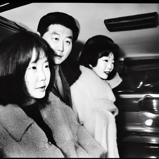 Image similar to 1960s press archive of the actress Choi Eun-Hee and director Shin Sang-ok coming out of a car, faces obscured, Reuters, 35mm film, film grain, mysterious exterior, underexposed