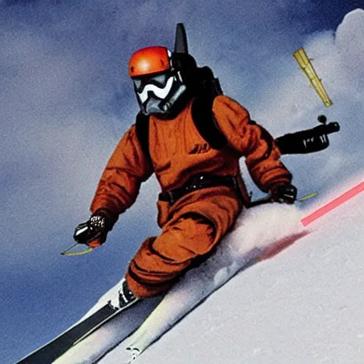 Image similar to star wars xwing pilot skiing down a mountain