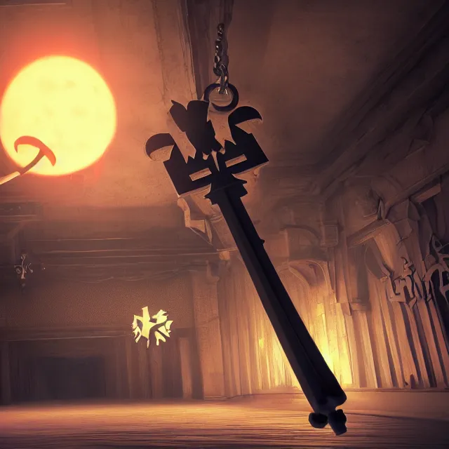 Image similar to kingdom hearts keyblade fluffy scary, dark cinematic, volumetric, realistic, 3 d render, cinematic lighting, ray tracing, cinematic, unreal engine 5, unreal engine render, octane render, hyper realistic, photo, 8 k