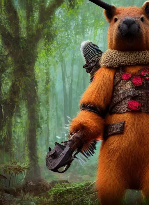 Prompt: detailed full body concept art illustration matte painting of an anthropomorphic capybara forest warrior in full intricate colorful clothing, ultra detailed, digital art, octane render, 8K, dystopian, biomutant, micro details