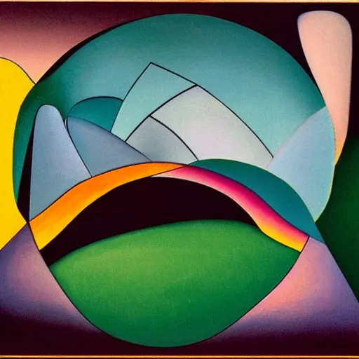 Image similar to woman woman as the natural landscape, her curves form the mountains and rivers of this land, high quality art in the style of cubism and georgia o'keefe,