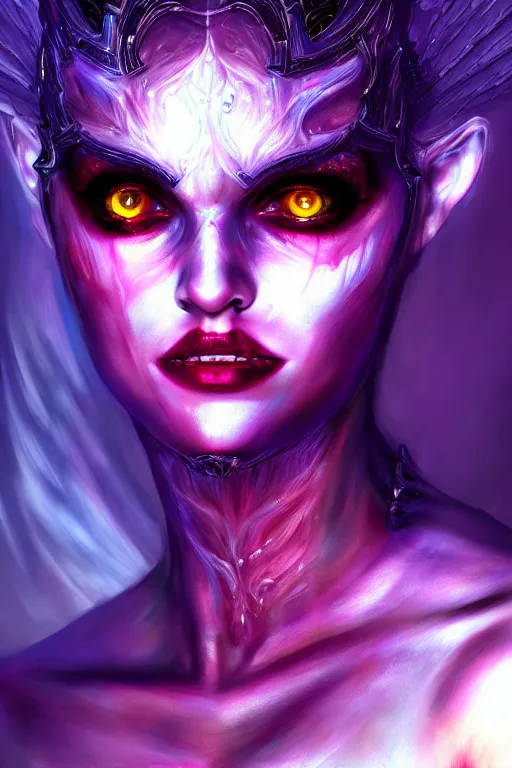 Prompt: hyper detailed ultra sharp of a beautiful face girl azazello is one of the demonic and mystical characters in the work, a negative character in biblical stories, a fallen angel who opposed the will of god. various reference for artists, facial expressions, trending on artstation, neon colors, digital art, cinematic lighting, art by god, 8 k