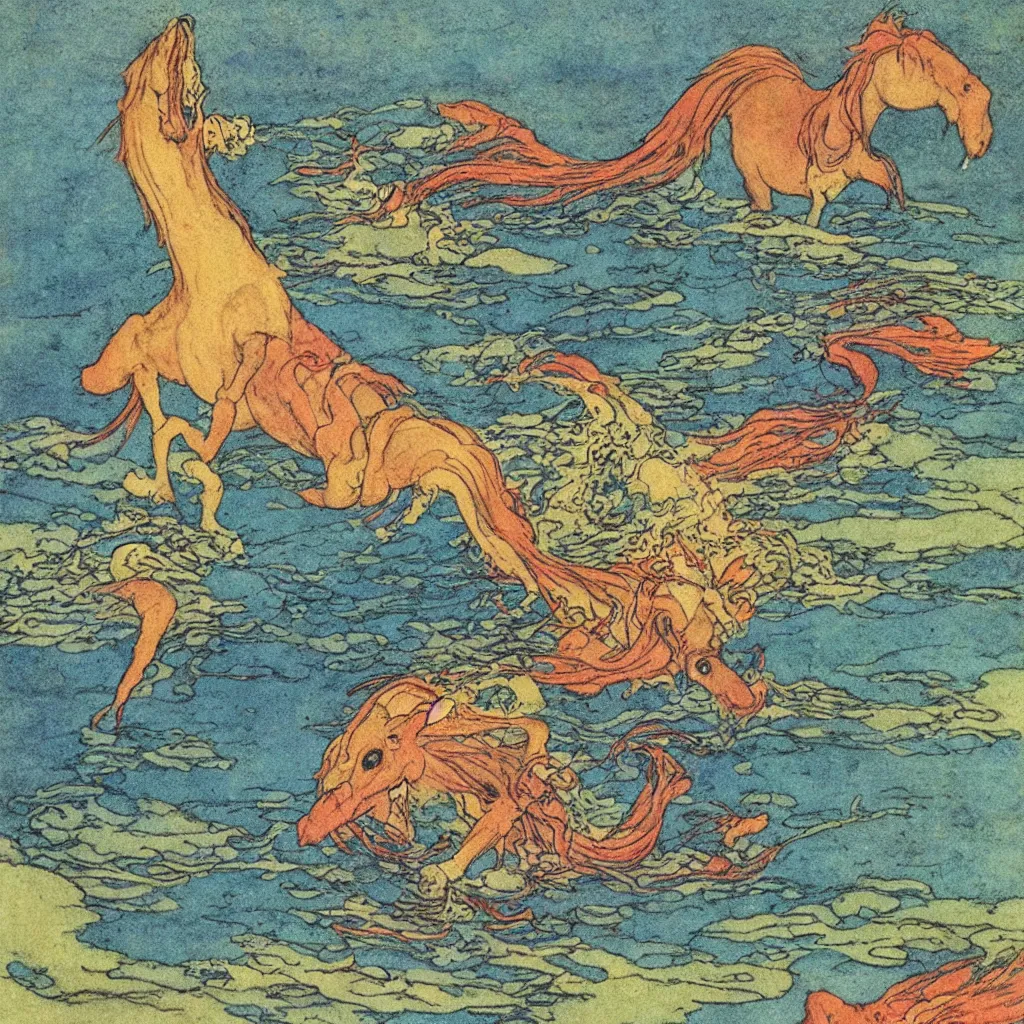 Image similar to an extremely colorful depiction of a merhorse in a lake, rearing up with its tail tucked underneath, from a book of fairy tales illustrated by edmund dulac