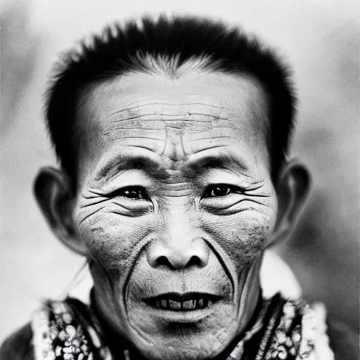 Prompt: ultra realistic vintage photo portrait of a tibetan man with a gigantic hole in the forehead, by Annie Leibovitz,