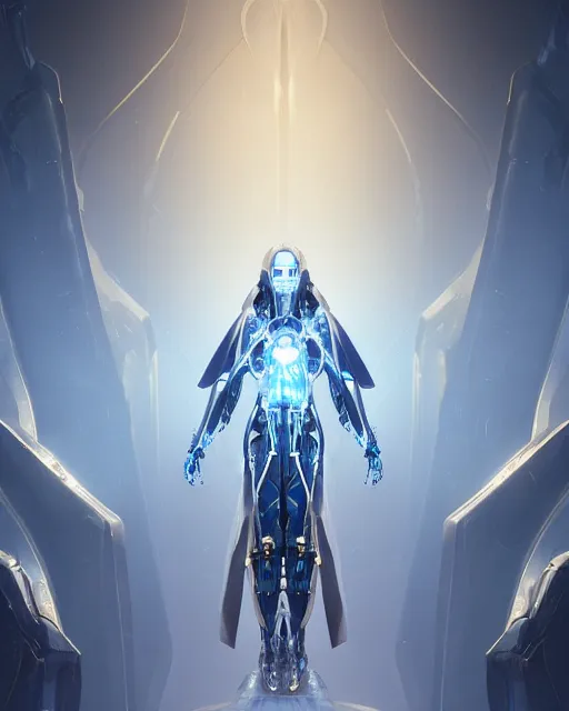 Prompt: benevolent cyborg necromancer, scifi, futuristic, elegant cape, helpful, kind, intelligent, alien room background, white, blue, gold, highly detailed, trending on artstation, soft light, holy machine, advanced technology, art by vitaly bulgarov and nivanh chanthara