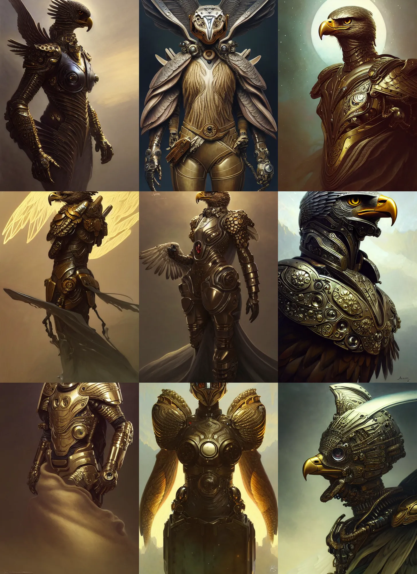 Prompt: a anthropomorphic eagle wearing scifi armor, diffuse lighting, fantasy, intricate, elegant, highly detailed, lifelike, photorealistic, digital painting, artstation, illustration, concept art, smooth, sharp focus, art by John Collier and Albert Aublet and Krenz Cushart and Artem Demura and Alphonse Mucha