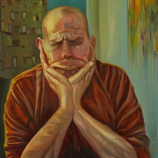 Image similar to a painting of an extremely concerned artist by rj palmer