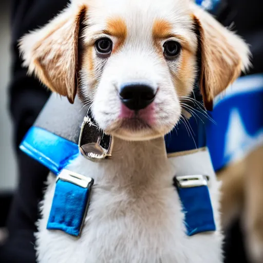 Prompt: a cute puppy wearing a policeman uniform, Canon EOS R3, f/1.4, ISO 200, 1/160s, 8K, RAW, unedited, symmetrical balance, in-frame