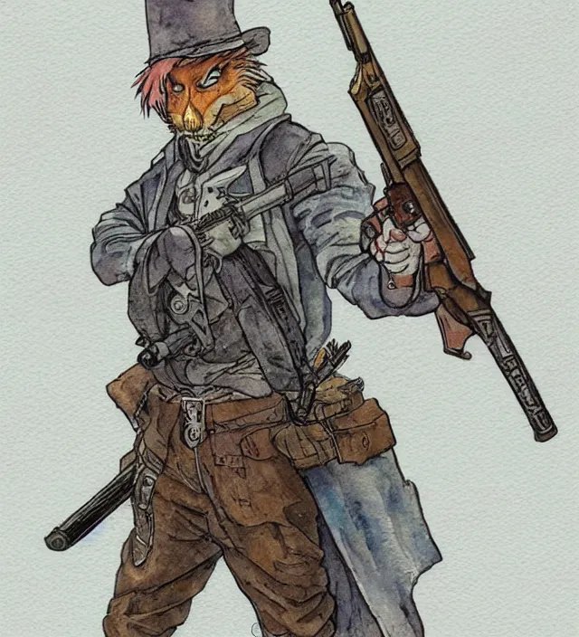 Image similar to a 3 / 4 view watercolor ink painting of an anthropomorphic bunny mercenary / gunslinger posing with their revolver - rifle in the style of jean giraud in the style of moebius trending on artstation deviantart pinterest detailed realistic hd 8 k high resolution