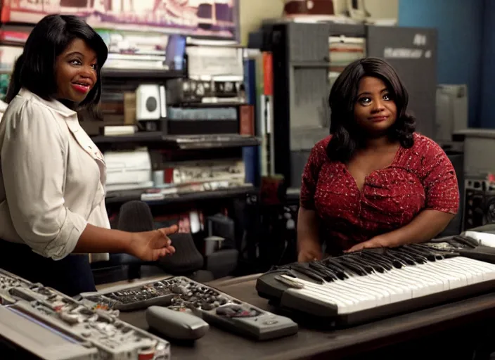 Image similar to cinematic shot of octavia spencer in an small used electronics store hands on an old electronic keyboard, iconic scene from the paranoid thriller sci fi film directed by pt anderson, anamorphic lens, beautiful composition, moody dark overhead lighting, color theory, leading lines, photorealistic, volumetric lighting, kodak film stock, hyper detailed 4 k image,