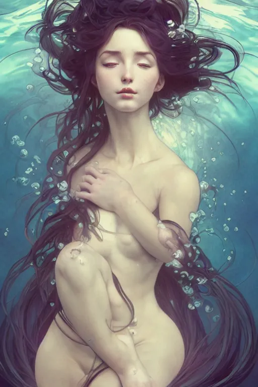 Image similar to full body underwater windy hair zero gravity floating seductive meditation goddess in the style of artgerm, wlop, greg rutkowski, alphonse mucha and ayami kojima, realistic details, volumetric lighting, very very very very beautiful symmetrical face, trending on artstation, artstationhd, artstationhq, unreal engine, 4 k, 8 k