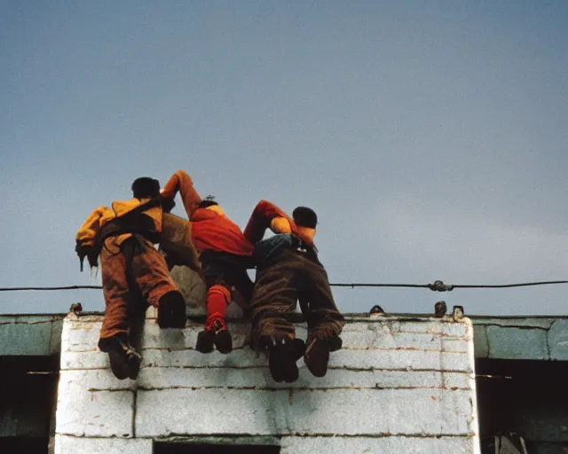 Image similar to lomo photo of roofjumpers climbing on roof of soviet hrushevka, small town, cinestill, bokeh, out of focus