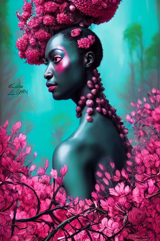 Image similar to hyperrealistic neo - rococo cinematic super expressive! yoruba goddess with exoskeleton armor, merging with tree in a forest, pink red flowers, highly detailed digital art masterpiece, smooth cam de leon eric zener dramatic pearlescent soft teal light, ground angle hd 8 k, sharp focus