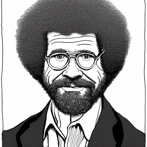 Image similar to bob ross in a portrait by line drawing robert crumb