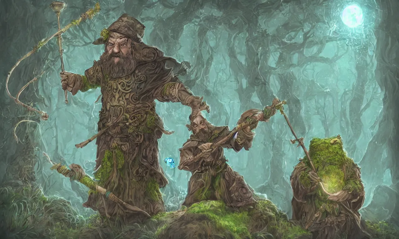 Image similar to a wizard with a staff, discworld theme, moss, nordic, pastel colors, 3 d art, digital illustration, perfect lighting