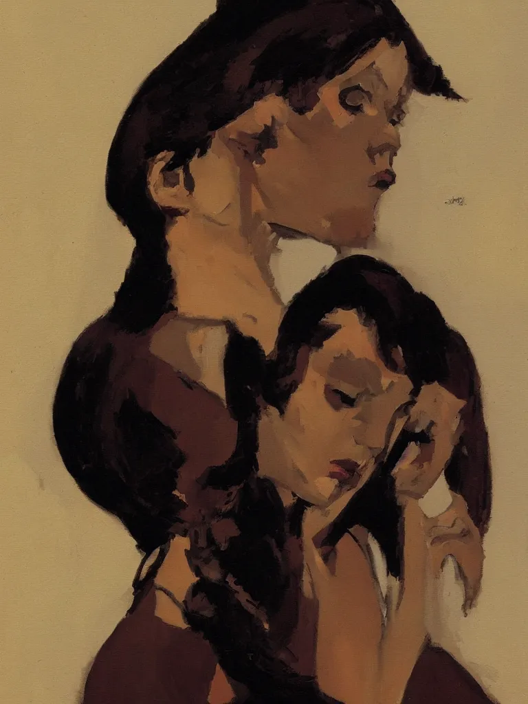 Image similar to portrait profile of one mysterious dark beautiful women in 1 9 7 8, oil painting by john watkiss