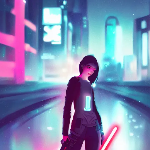 Image similar to a girl with a lightsaber in a neon cyberpunk city at night, art station, digital art, cinematic