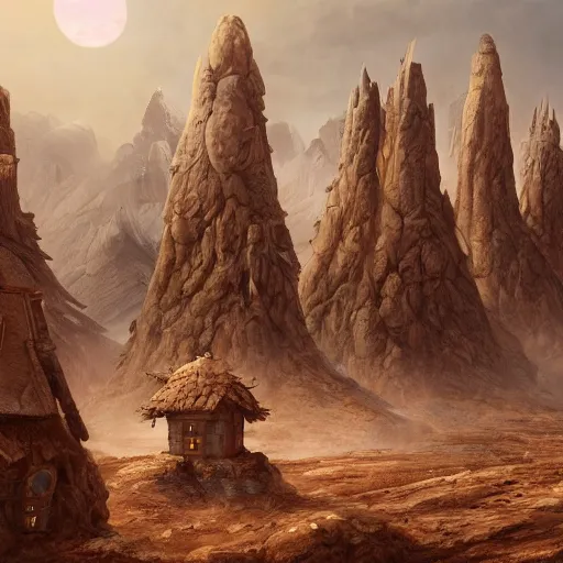 Prompt: elaborately detailed photo art of people already made houses on planet mars , high fantasy matte painting, atmospheric lighting, highly detailed illustration highlights, 8K detail post-processing, featured on DeviantArt, trending on cgsociety H 768