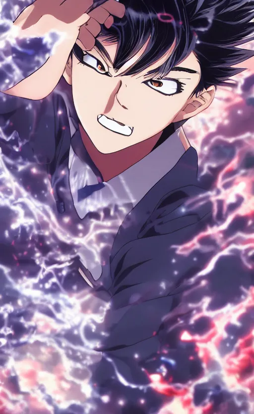 Image similar to Anime key visual of a young boy with thunder powers, Illustrated by Kohei Horikoshi, high quality face, detailed eyes, big eyes, official media, 8k, anime, detailed, HD