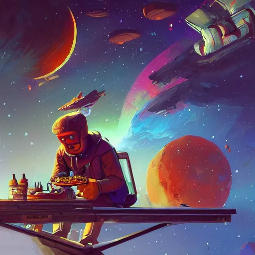 Prompt: interloper consuming food in no man's sky colorful, fantasy, intricate, highly detailed, digital painting, hq, trending on artstation, illustration, style of stanley artgerm and greg rutkowski and dan mumford