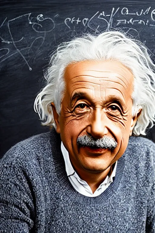 Image similar to professional photo of happy albert einstein on the background of the blackboard on which it is written e = mc 2, portrait,, ancient, realistic, detailed