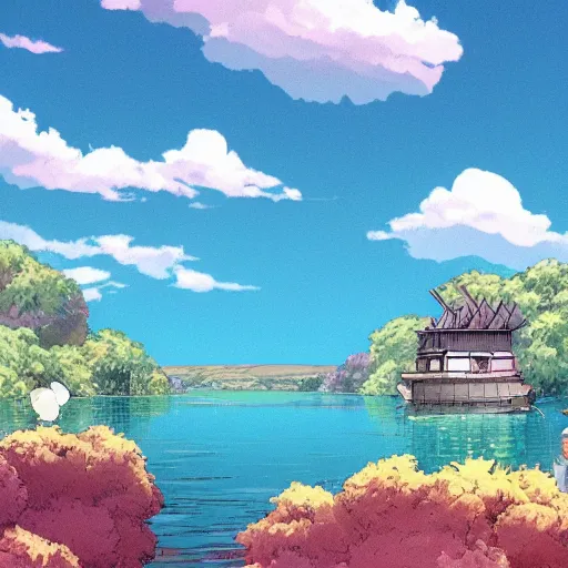 Image similar to a beautiful lake, fantasy art, fresh and bright illustration, animated film, by studio ghibli