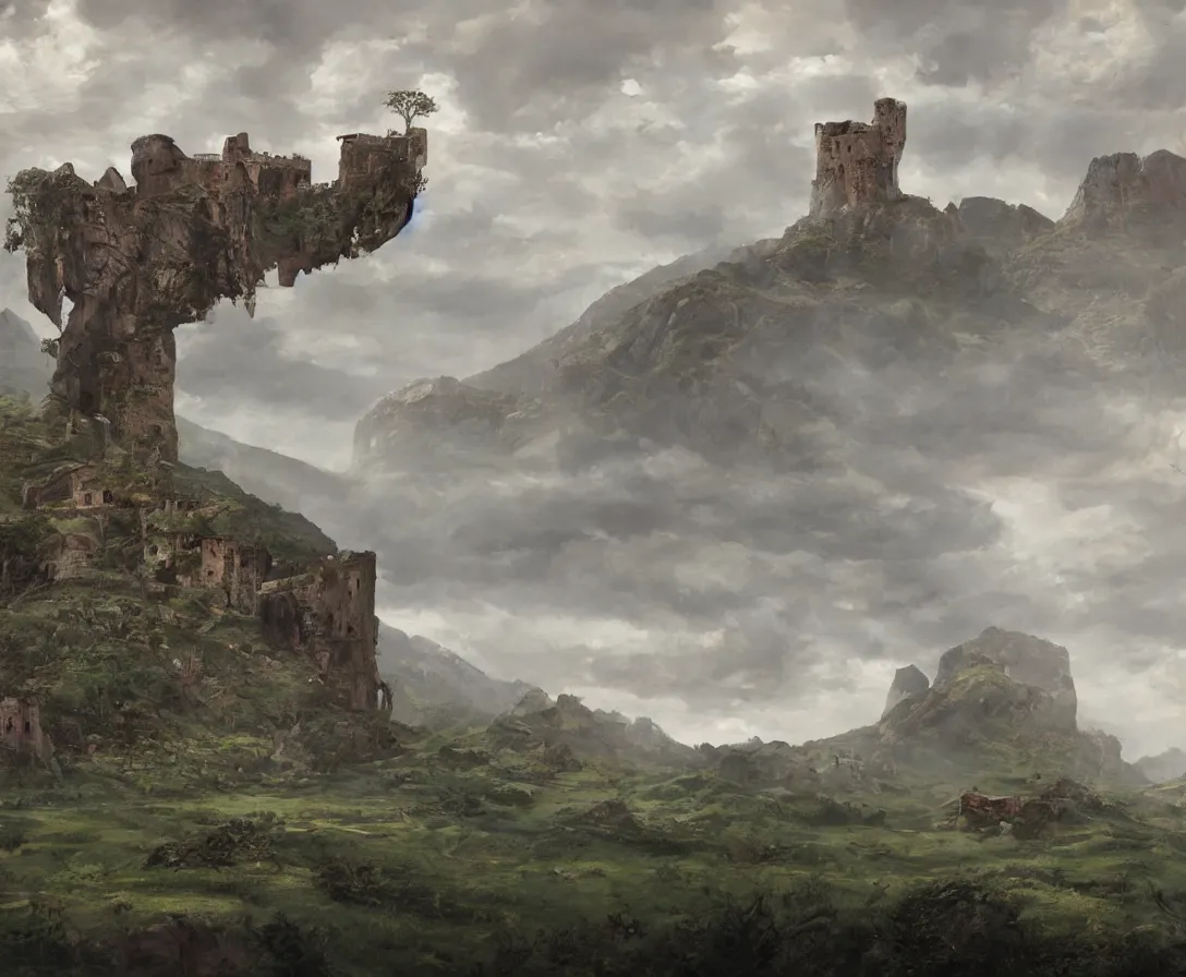 Prompt: Vast verdant empty flat valley surrounded by Transylvanian mountains. A huge zeppelin in the sky among dark clouds. A ruined medieval castle on the hillside in the background. No villages or buildings. Late evening light in the summer, gloomy weather. Hyperrealistic, high quality, fantasy art by Greg Rutkowski and Rhads.