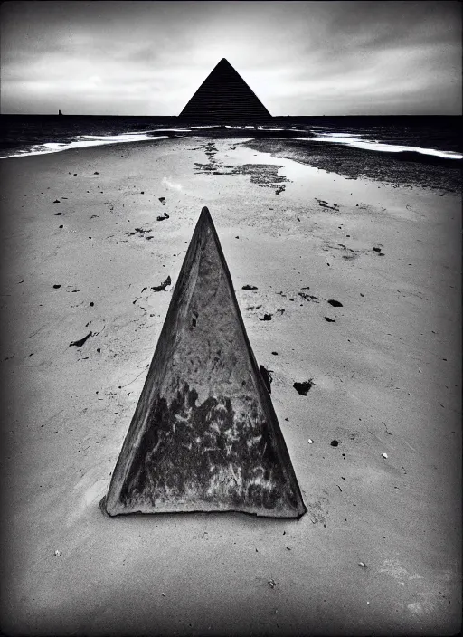 Prompt: photo of a massive iron pyramid on a beach, realistic photo, shot with a gopro, very looming, colorful, eerie, creepy