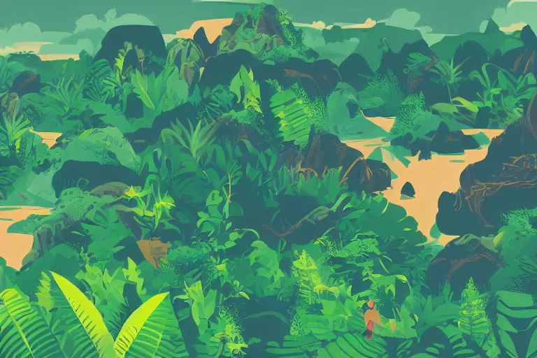 Prompt: jungle mountain water vector illustration digital art by james gilleard trending on artstation