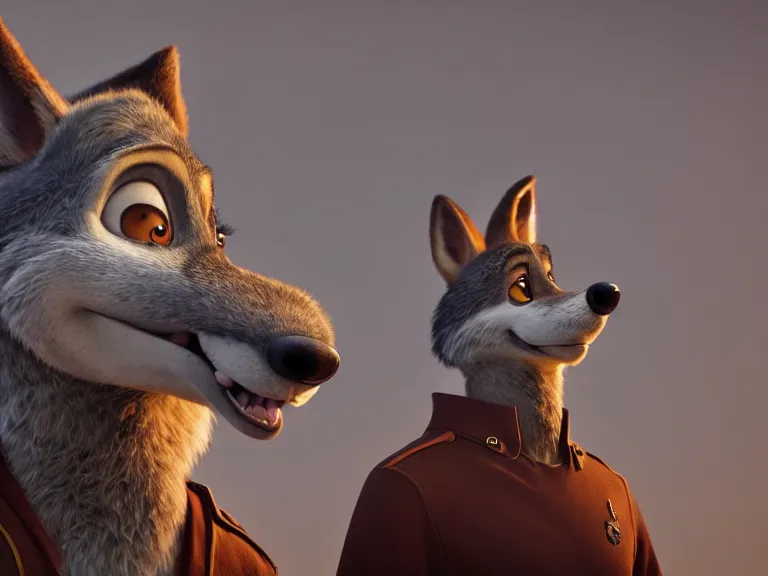 Prompt: a film still from zootopia main character portrait anthro anthropomorphic wolf guard head animal person fursona pixar disney animation sharp rendered in unreal engine 5 anime key art by greg rutkowski bloom dramatic lighting modeling beginner render