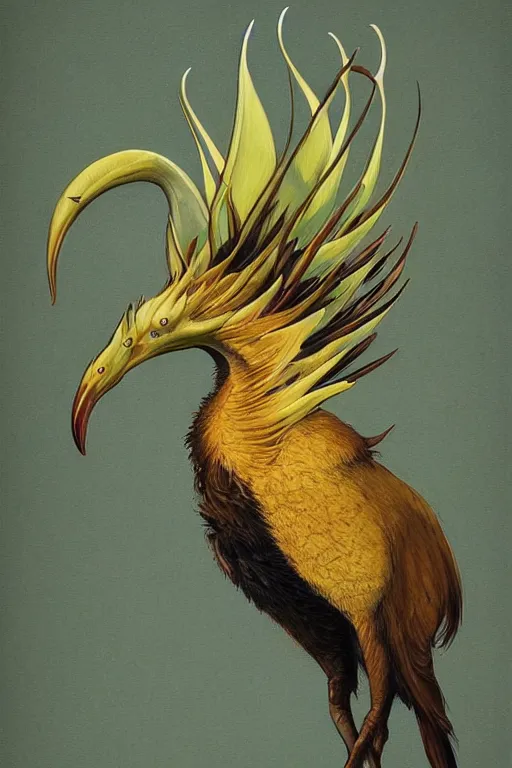 Image similar to king of saxony bird - of - paradise energy, painted by stephen hickman and tom jung and greg theakston and matthew stawicki, trending on artstation, dramatic brown and lime lighting side view illustrator, symbolism, very very intricate, magic realism, minimalism