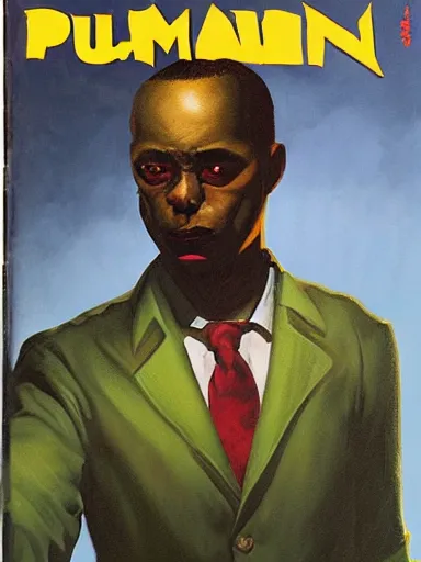 Image similar to pulp magazine cover of a black man in a suit smoking, dynamic lighting, volumetric lighting, mysterious highly detailed, smooth, digital painting, symmetrical, art by vincent di fate, kehinde wiley, artem demura