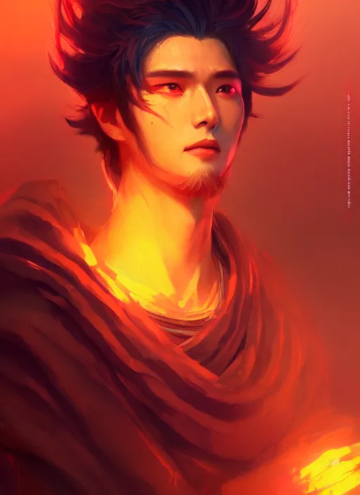 Prompt: a portrait of beomgyu as xianxia hero, vibrant color scheme, highly detailed, in the style of romanticism, cinematic, artstation, moebius, greg rutkowski