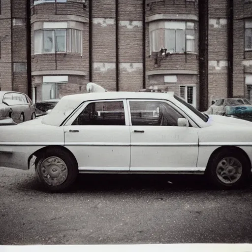 Image similar to low angle close to shot of russian car in soviet yard with block of flats, low grain film,polaroid, masterpiece, f 1.6, bokeh, mid day in style of william egglestone