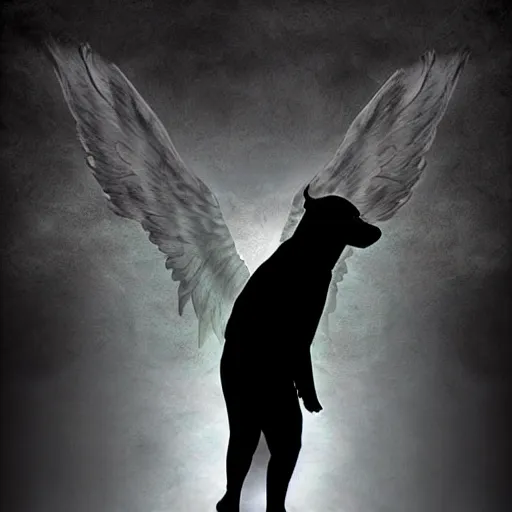 Image similar to a man saying goodbye to his black Staffordshire bull terrier with angel wings, soft lighting, beautiful, heavenly, digital art