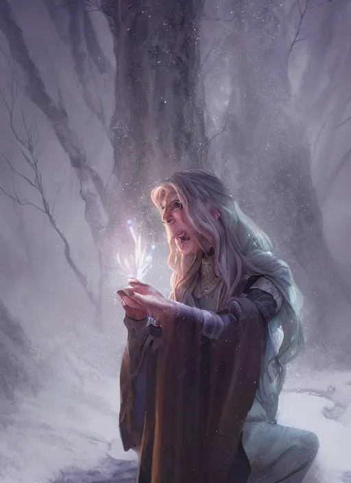 Image similar to a mage casting a frost spell by charlie bowater and john howe and vladimir volegov