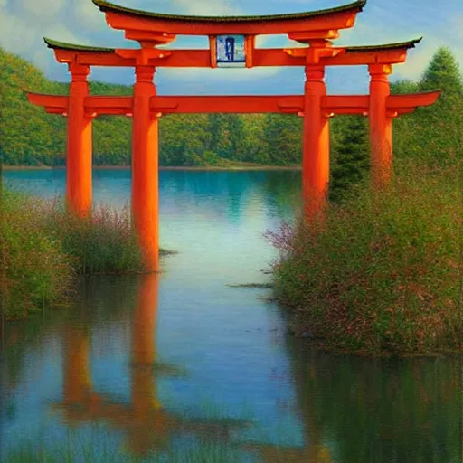 Image similar to torii gate in middle of a lake, portrait art by donato giancola and james gurney, digital art, trending on artstation