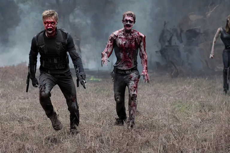Prompt: film still of zombie Hawkeye as a zombie in new avengers movie, 4k