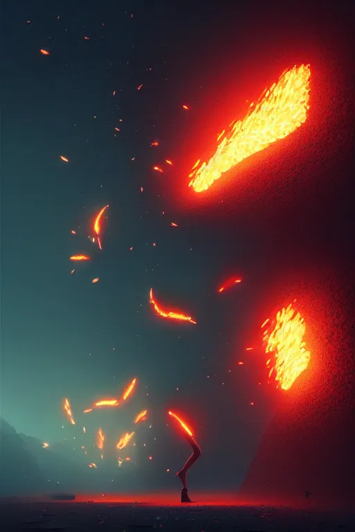 Image similar to 4K hyper detailed portrait of beautiful fiery embers igniting a black background, flying through the sky, sending flickering aesthetic firefly ashes towards viewer by Makoto Shinkai, by Artgerm, by beeple, by Greg Rutkowski, volumetric lighting, octane render, 4K resolution, trending on artstation, masterpiece